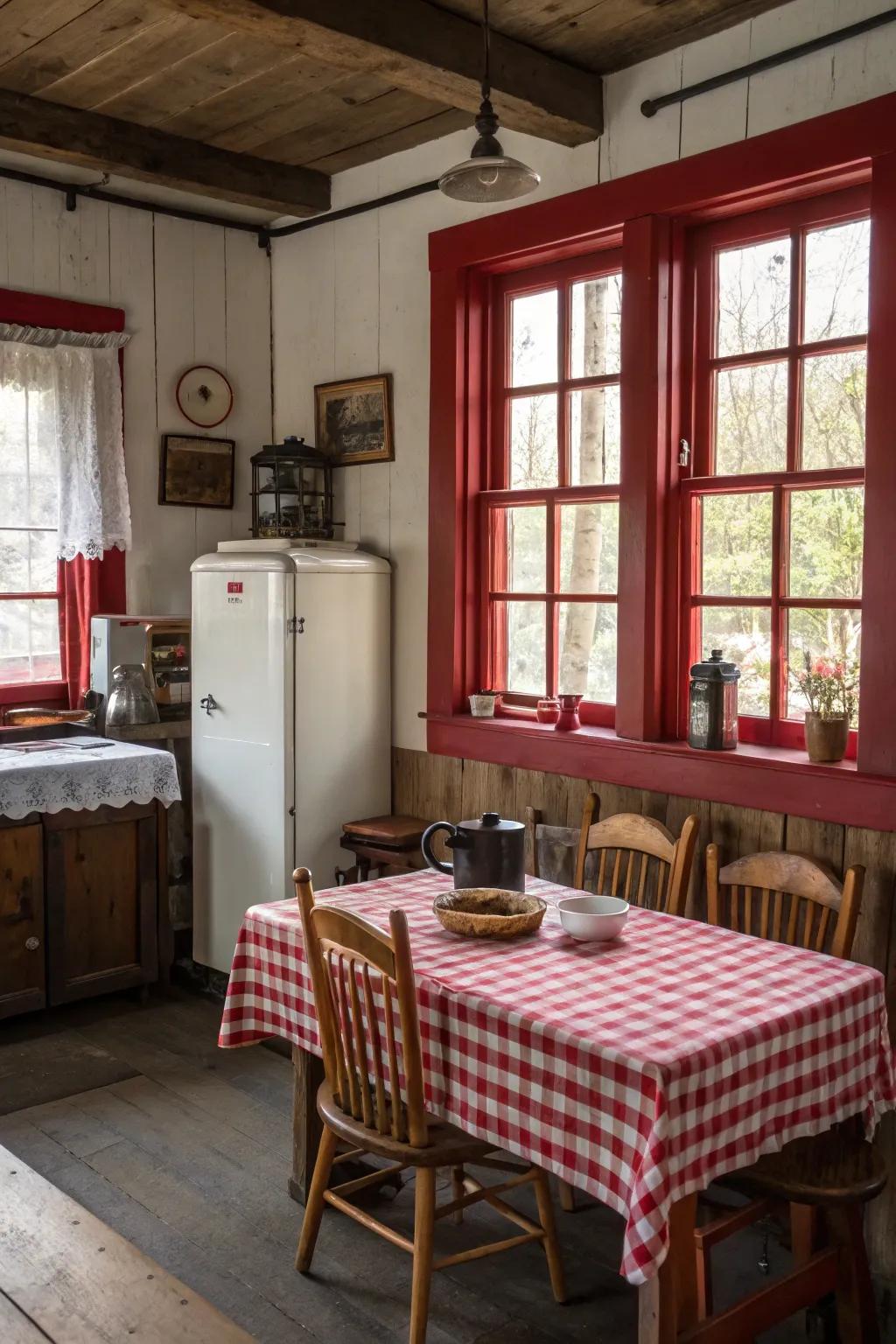 Country red trims accentuate a snug rural feel.