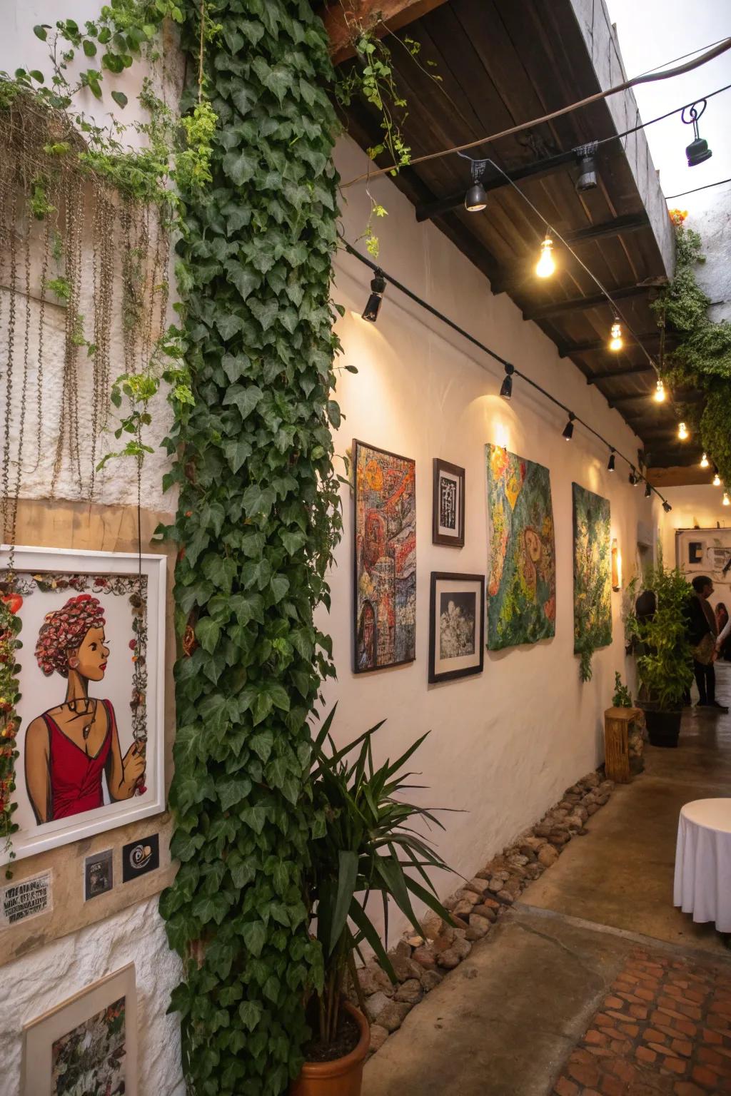 A varied greenery wall harmonized with art pieces, exhibiting individuality and panache.