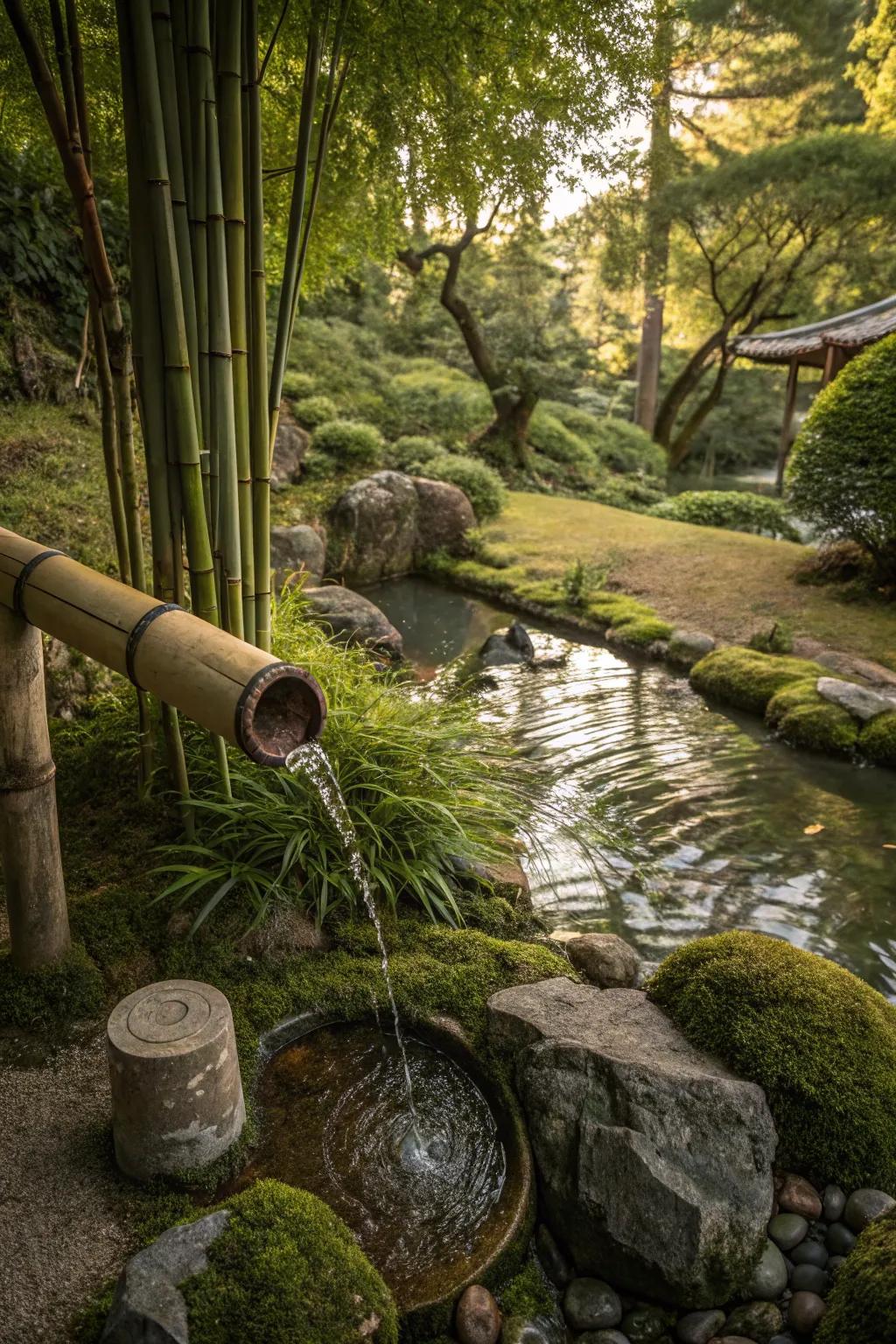 A bamboo fountain bringing a gentle water flow to the garden.