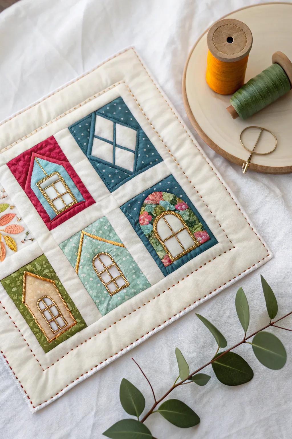 Glimpse through the quaint portals—each quilt block narrates a narrative of color and craft.