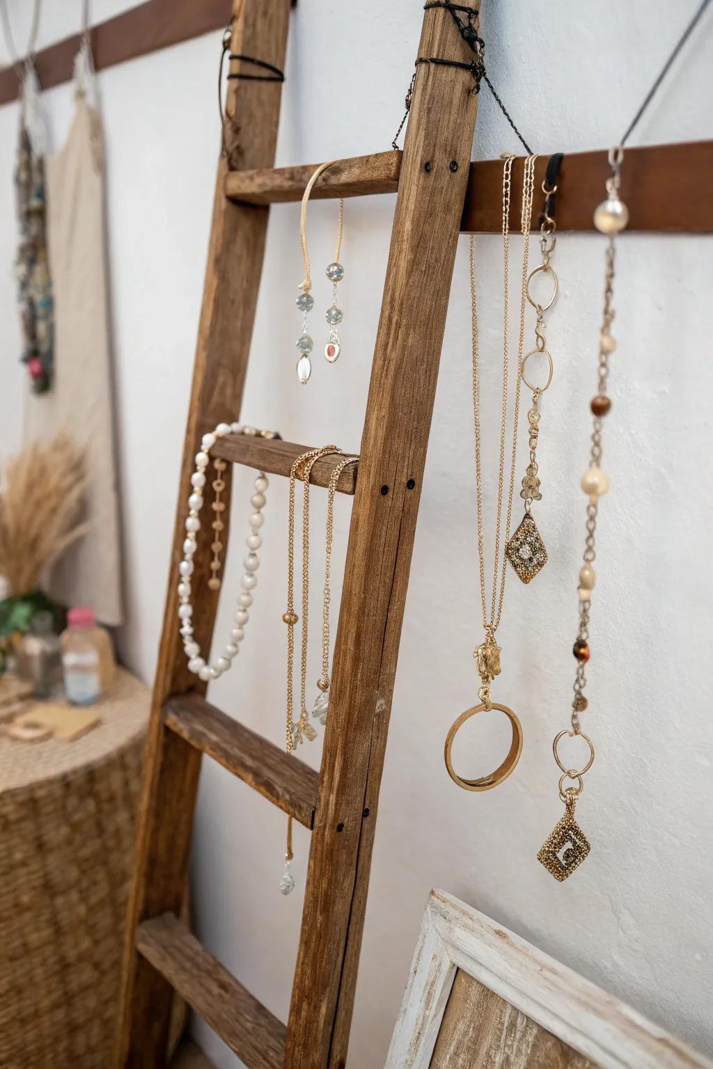 A repurposed ladder employed for jewelry display