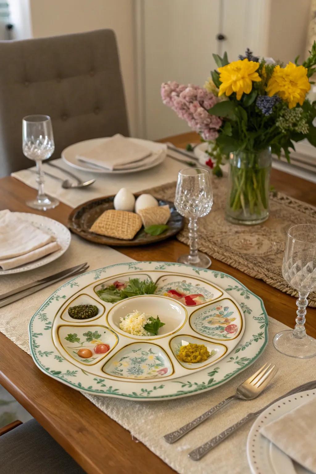 A decorative Passover plate enhancing a dining surface's elegance.