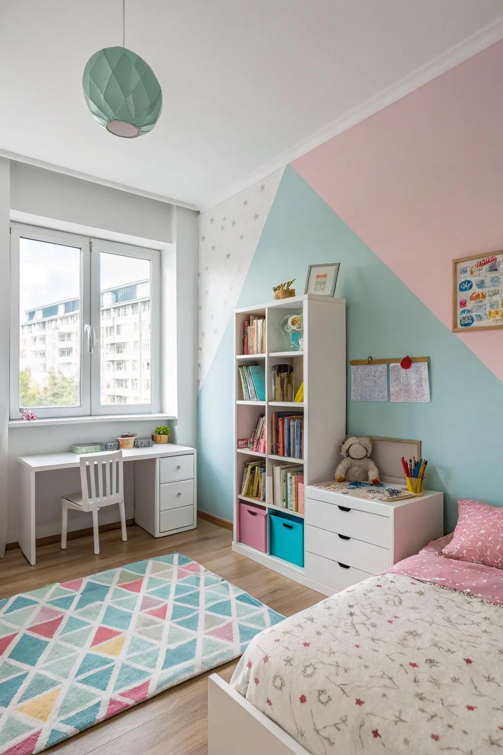 Two tone walls define zones with balanced style.