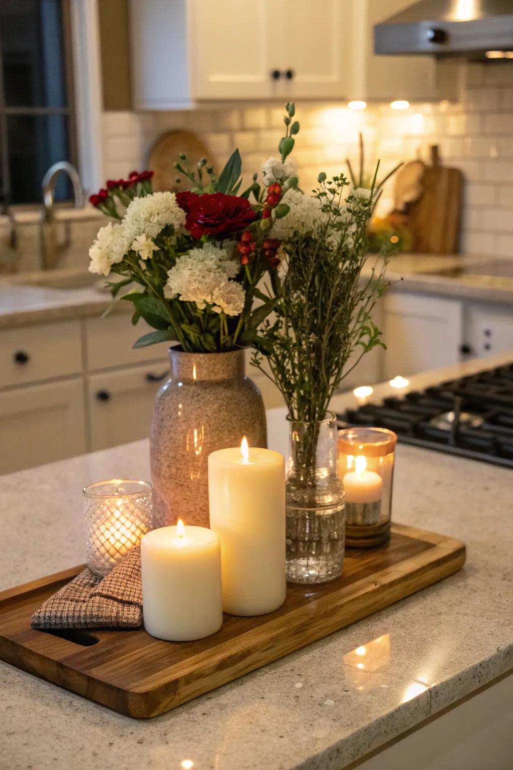 A chopping surface as a foundation creates a balanced centerpiece.