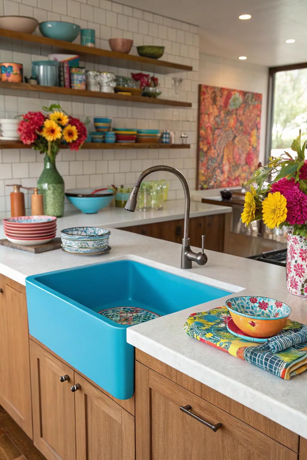 A kitchen island making a bold statement with a splash of color.