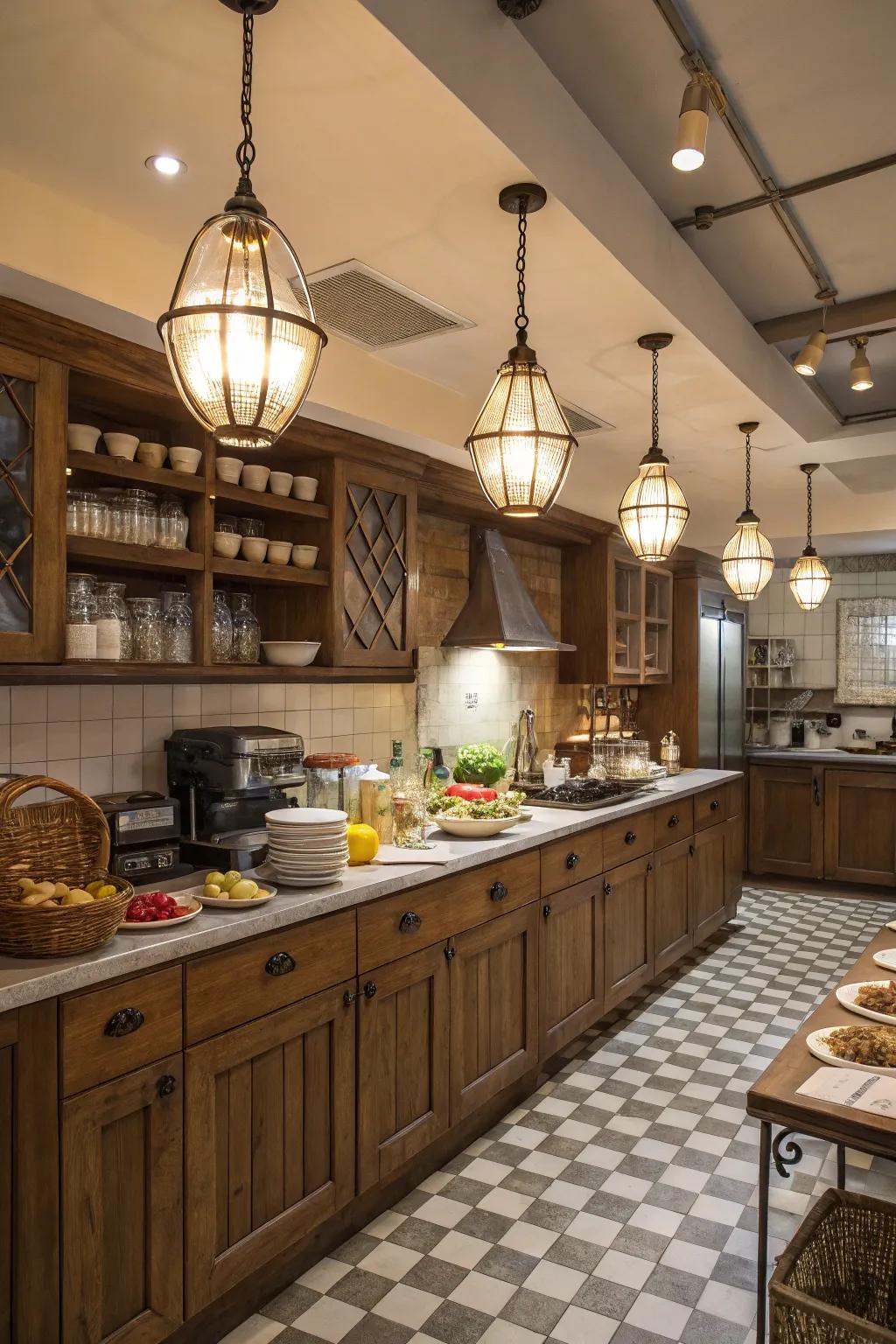 Vintage-inspired fixtures add character and warmth to this kitchen.