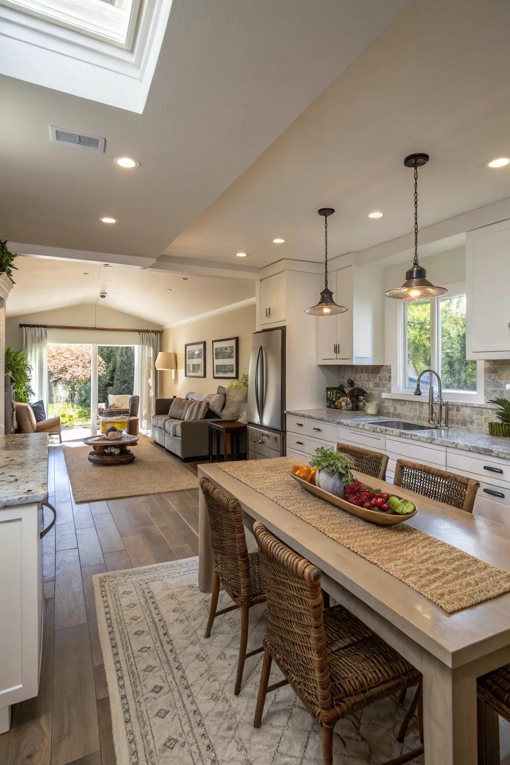 A kitchen designed as a multi-functional space for various activities.