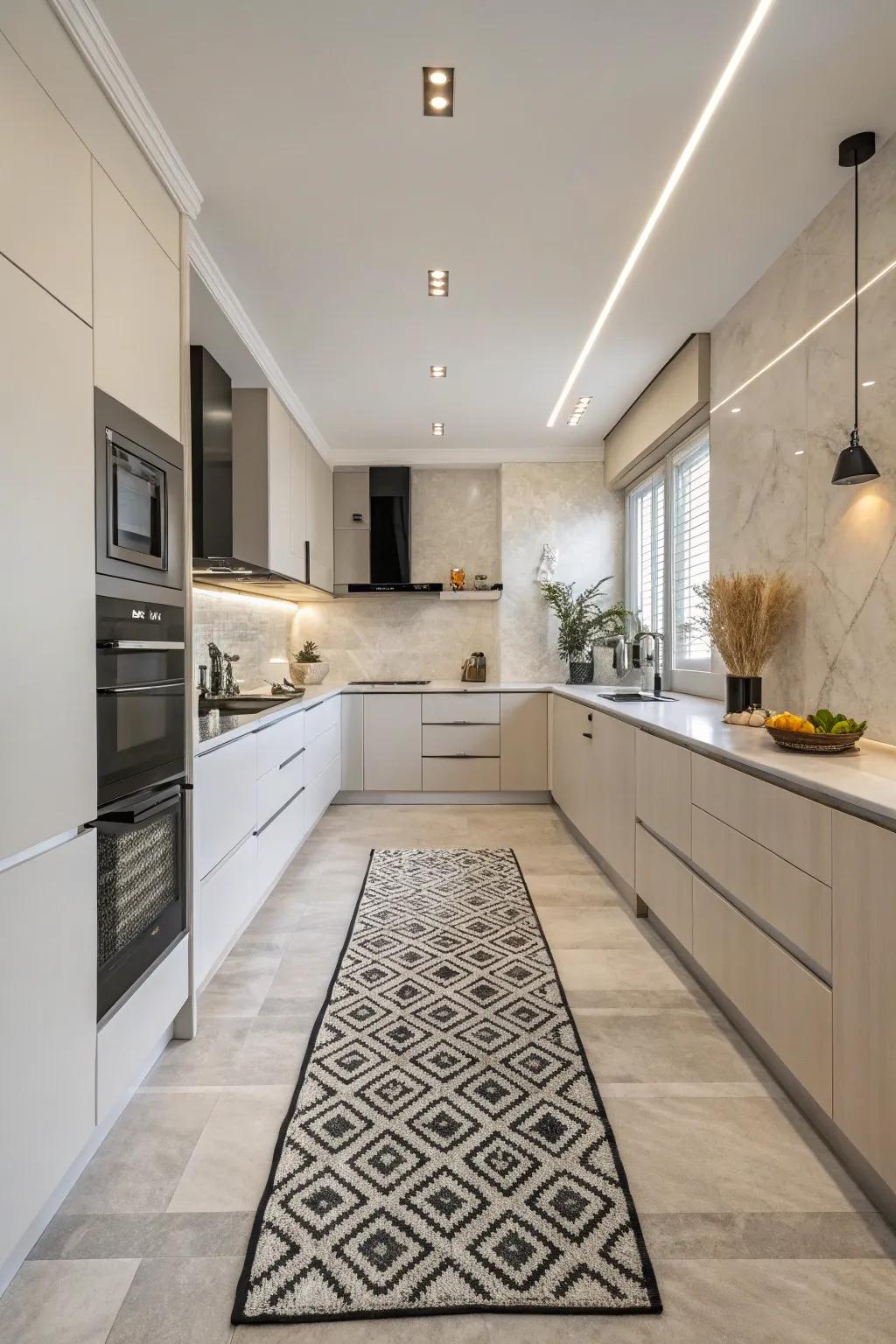 Single-tone carpets create a sleek and cohesive look in minimalist kitchens.