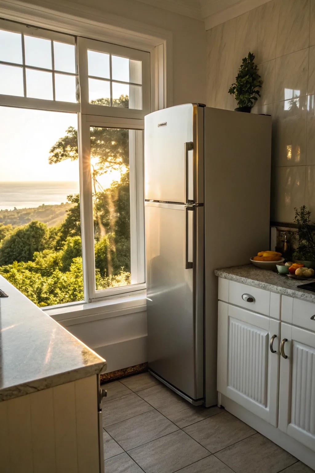 A refrigerator strategically positioned near a window, bestowing natural radiance and a revitalizing ambiance upon the kitchen.