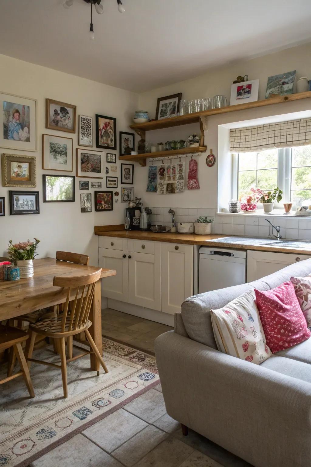A cooking area settee space personalized with family portraits and artistry, fashioning a warm atmosphere.