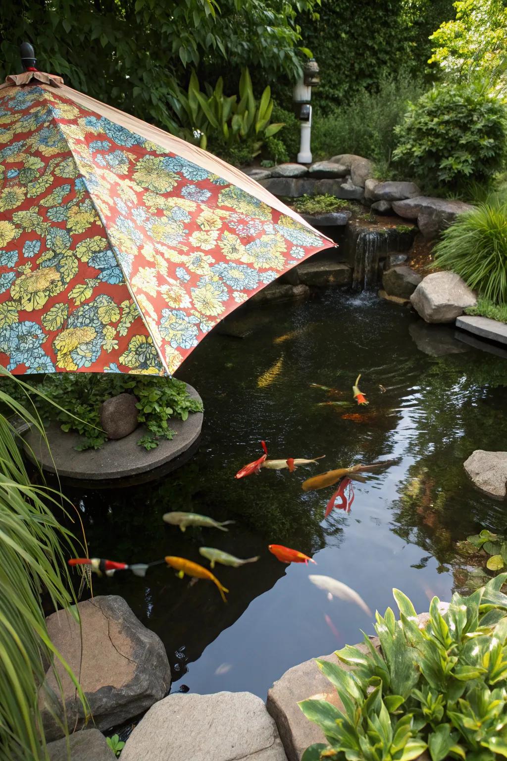 A koi pond with a custom textile offering colorful shading.