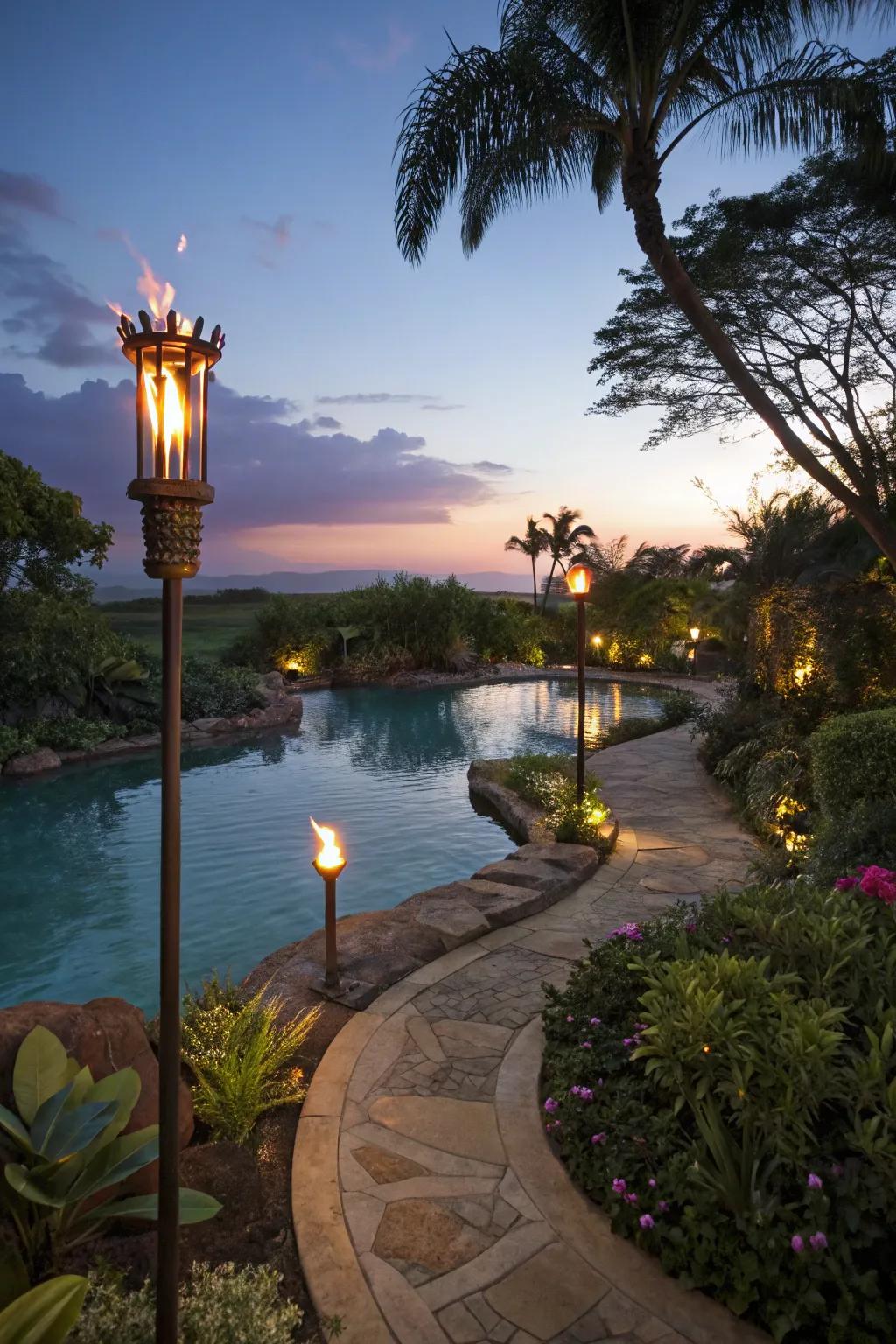 Tiki torches contribute celebratory lighting to lagoon pools.