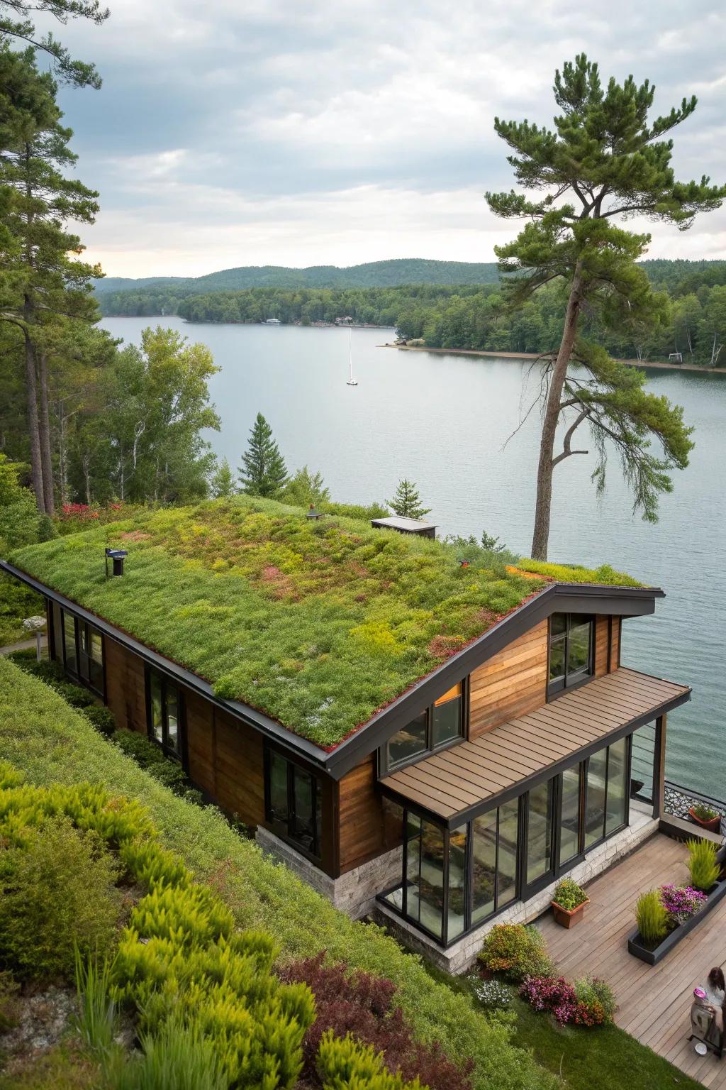 An eco-conscious green roof blending with the natural surroundings.