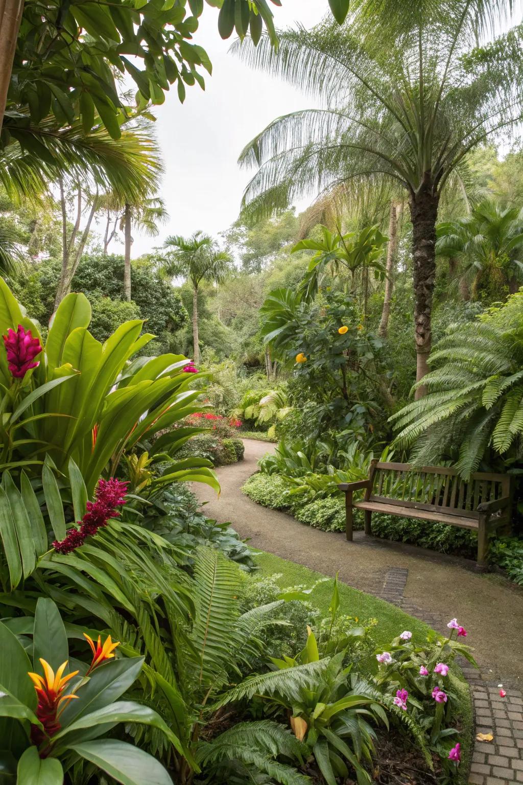 A tropical garden corner offers a lush escape.