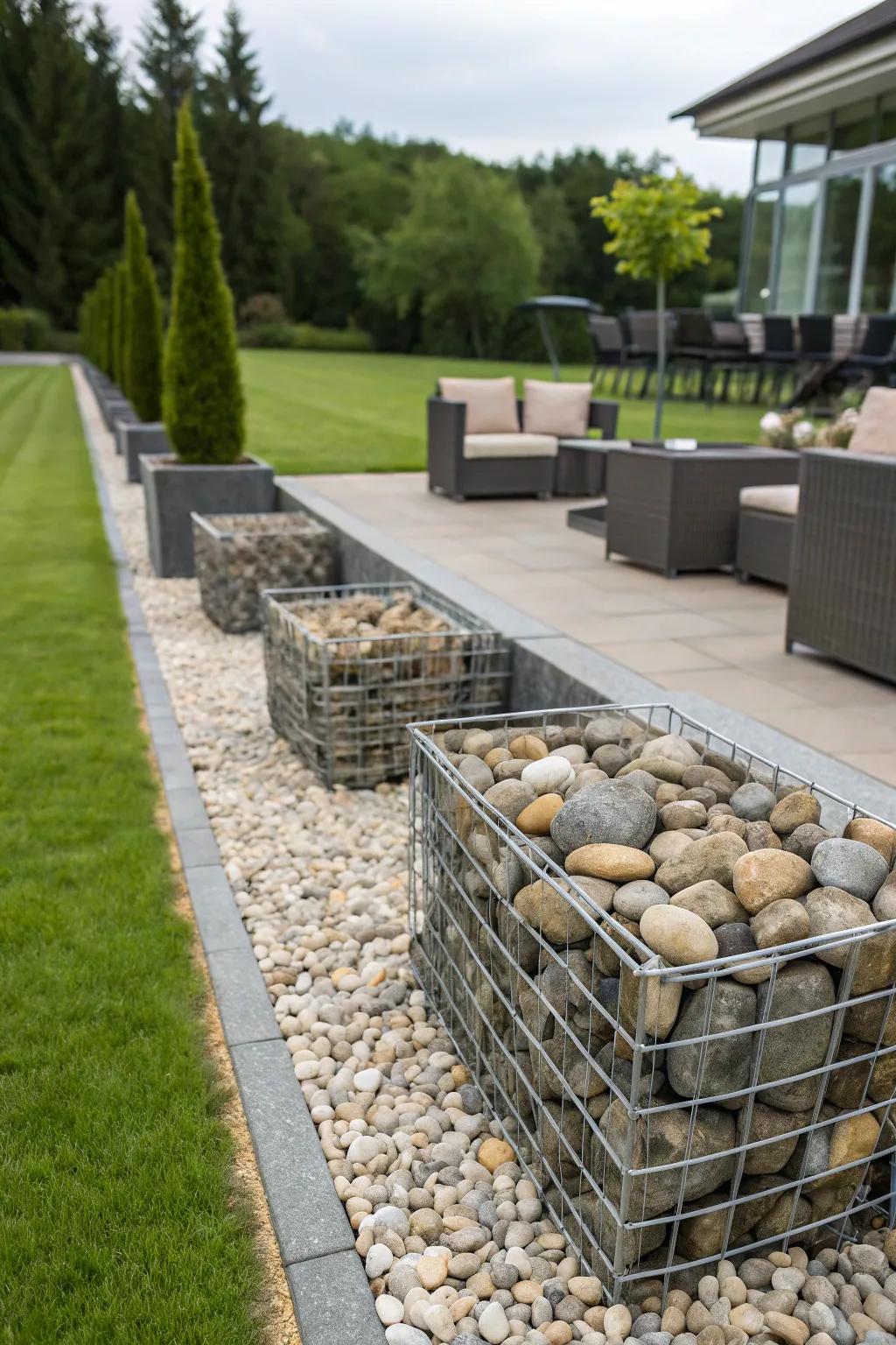 Gabion edging provides a modern and practical garden border.