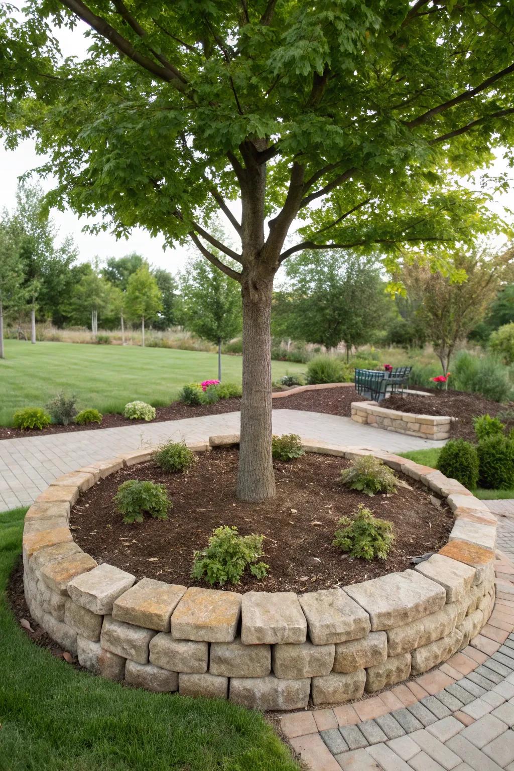 Tree bands affix a tidy, protective barrier encircling the base.