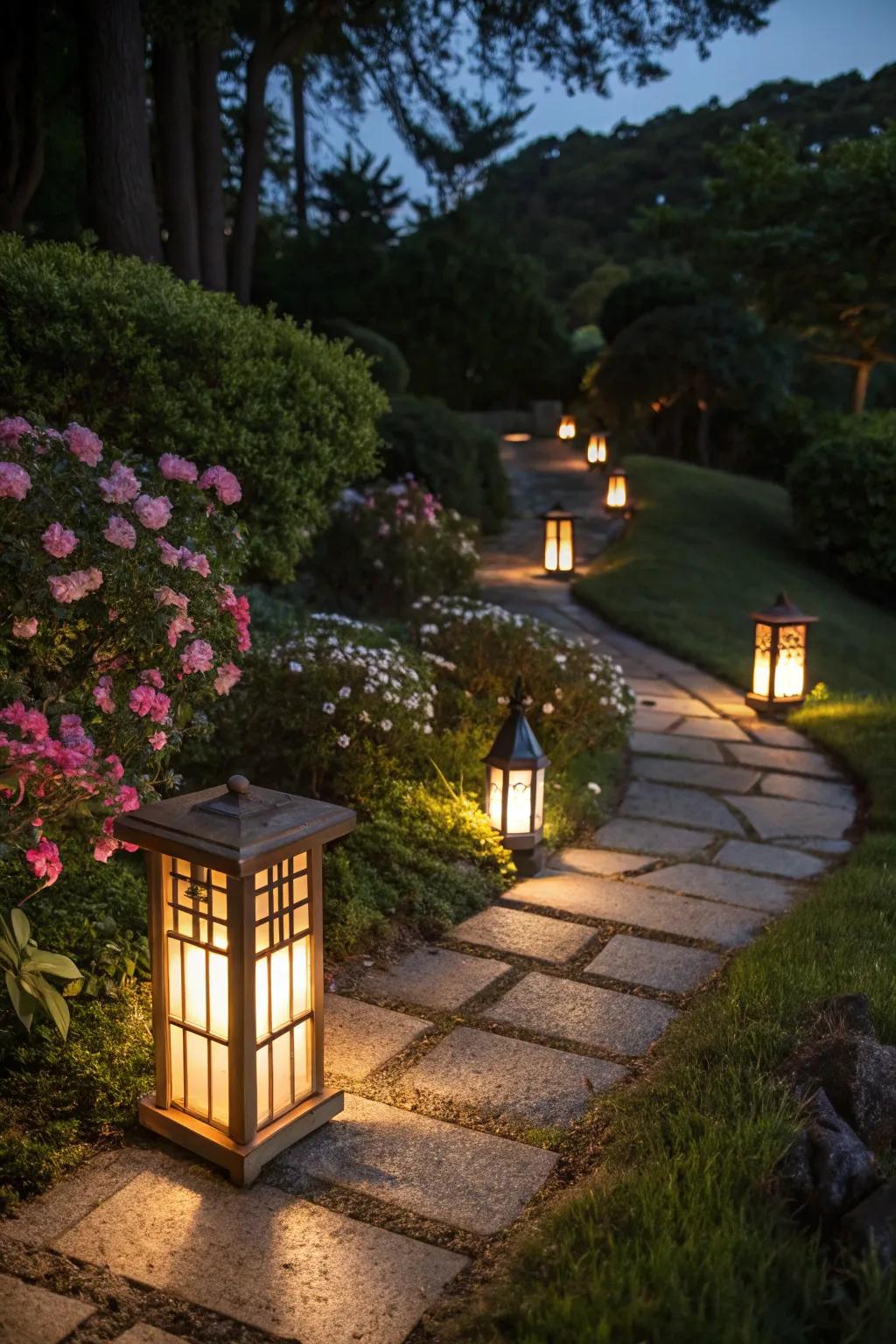 Plank lanterns cast a warm, inviting glow in the garden.