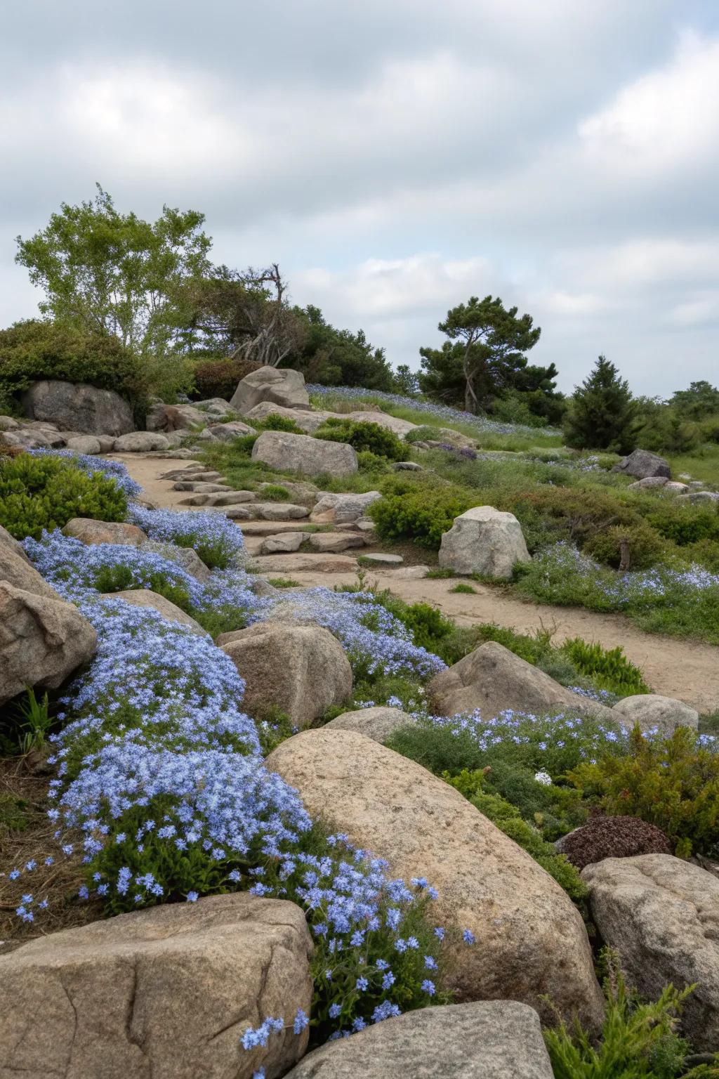 A stone garden dotted with azure Skyflower blossoms for added color.