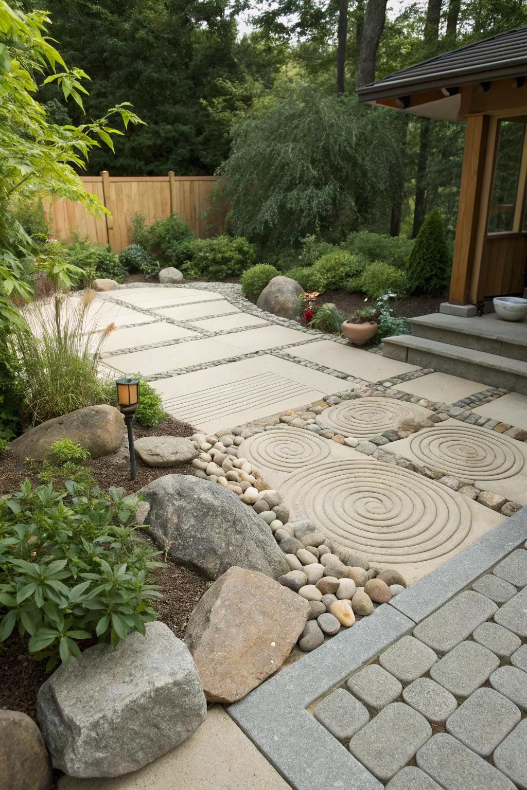 A Zen garden imparts tranquility and contemplation to this patio.