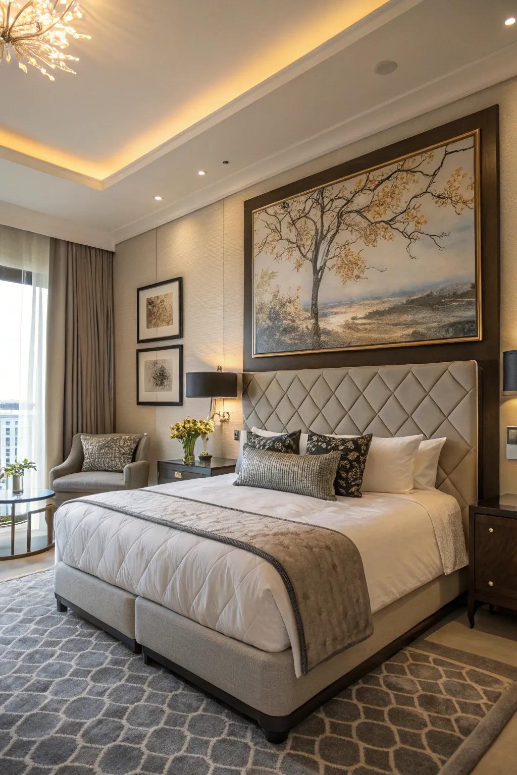 Framed art functions as a distinctive headboard.