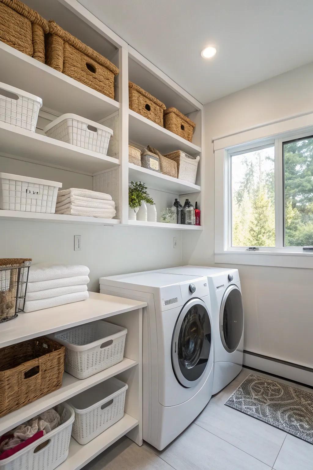 Adaptable shelving offers flexible storage solutions.