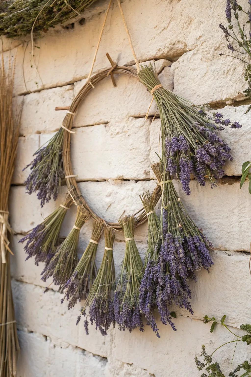Textured beauty achieved using lavender wall hangings.