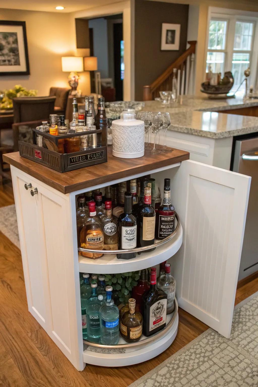 A stylish mini bar setup that features a spinning organizer for smooth drink mixing.