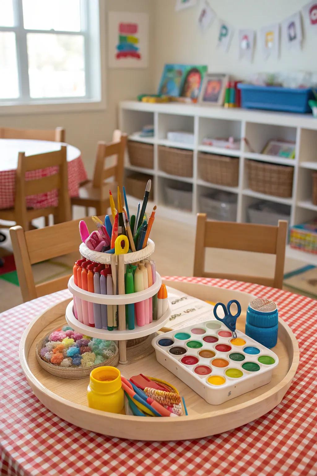 With a Lazy Susan for children's craft supplies, you can foster creativity.