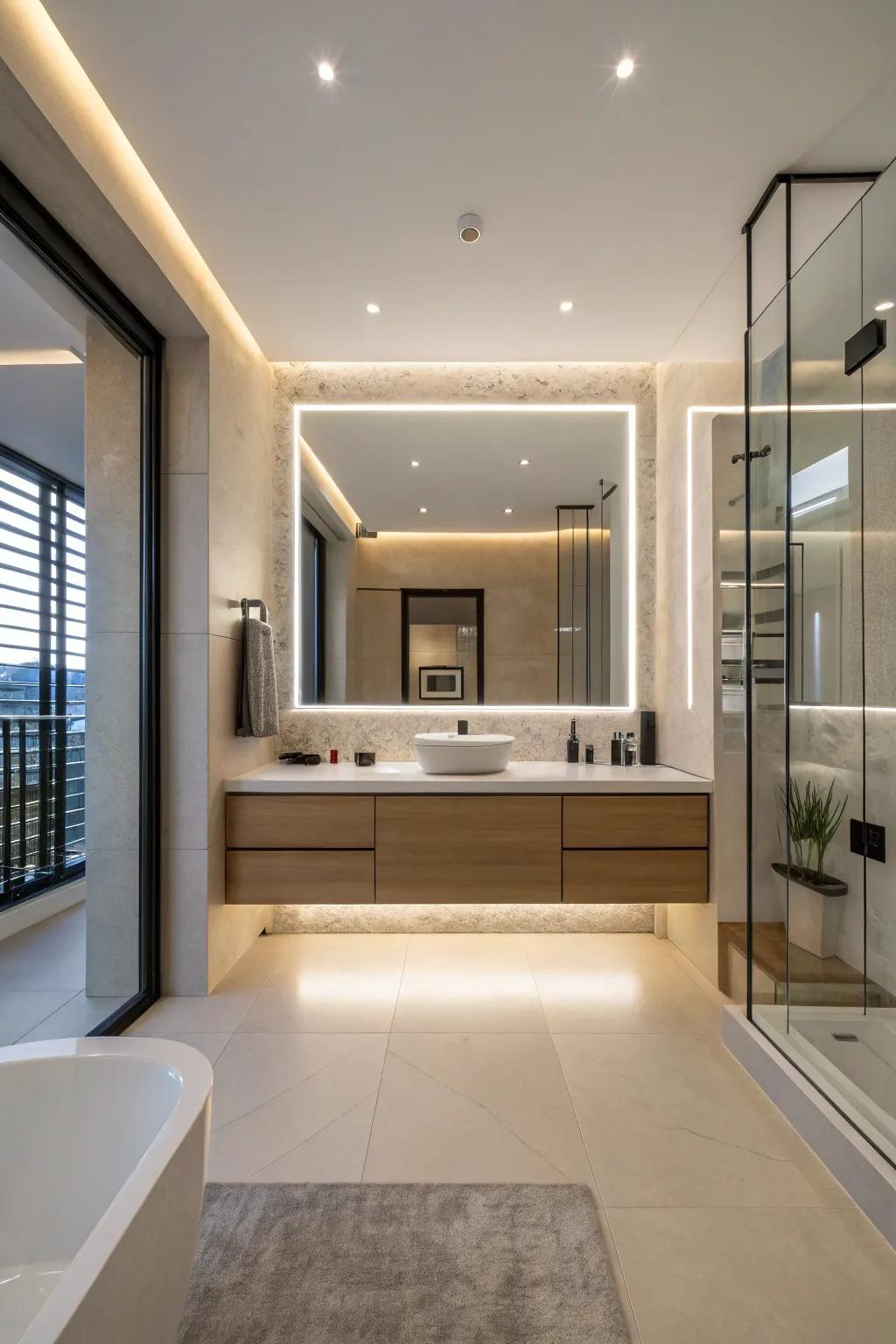 A modern bathroom with an illuminated mirror that creates a floating illusion.