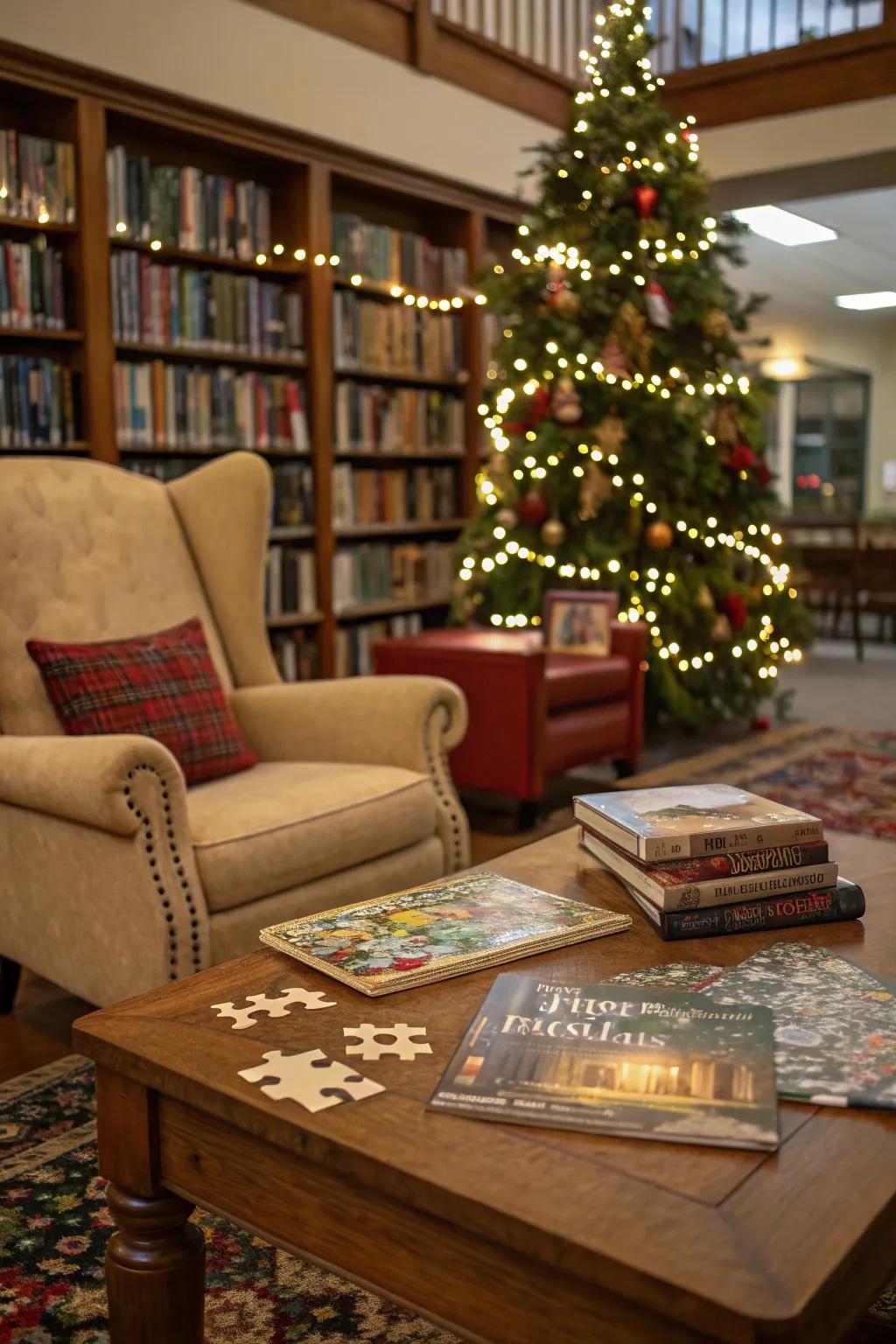 Promote relaxation and community through a holiday puzzle corner.