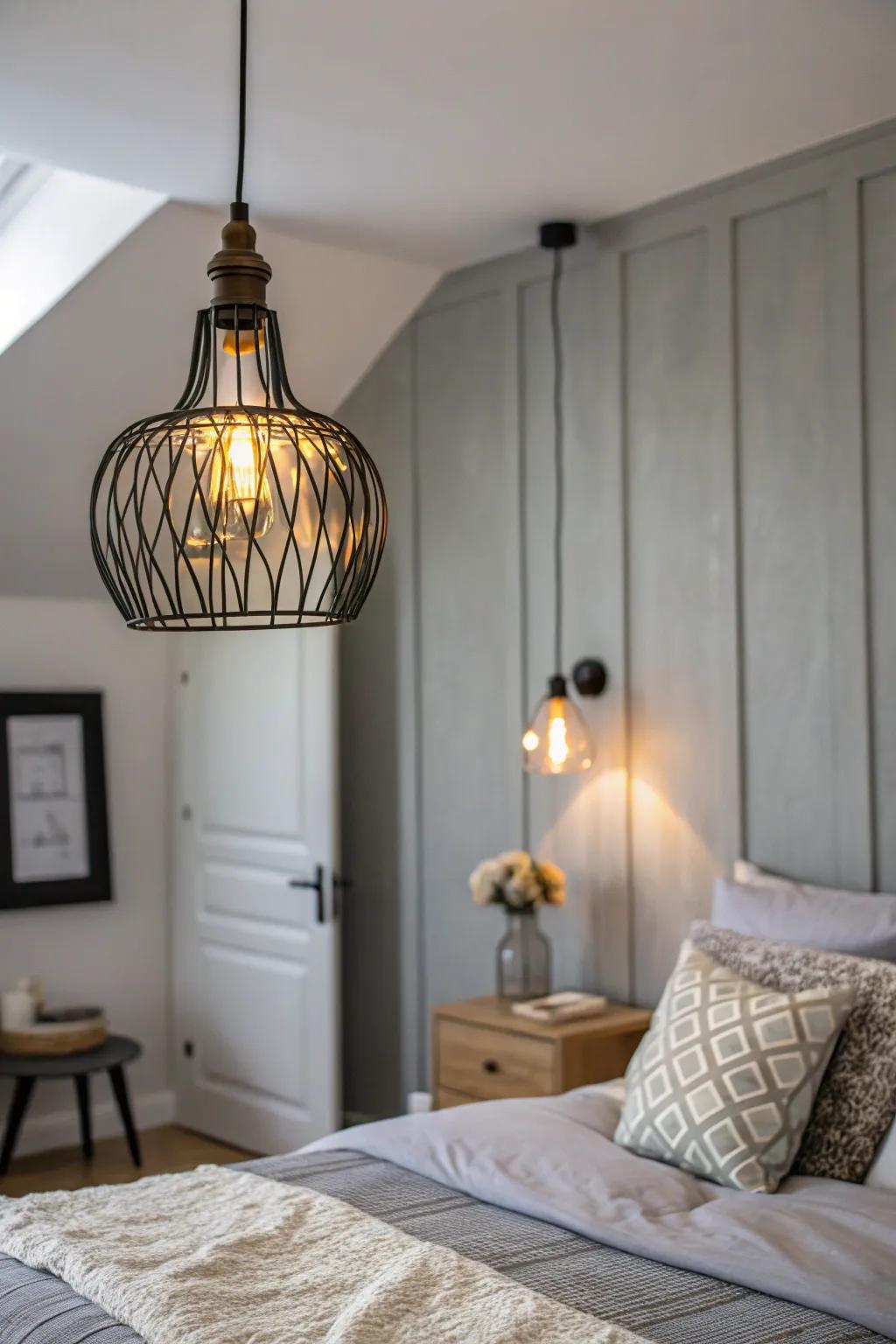 Statement lighting transforms the look of a sleeping space.
