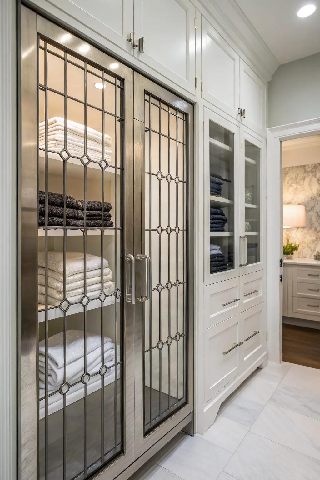 Metallic gratings append a contemporary edge and airflow to a linen closet.