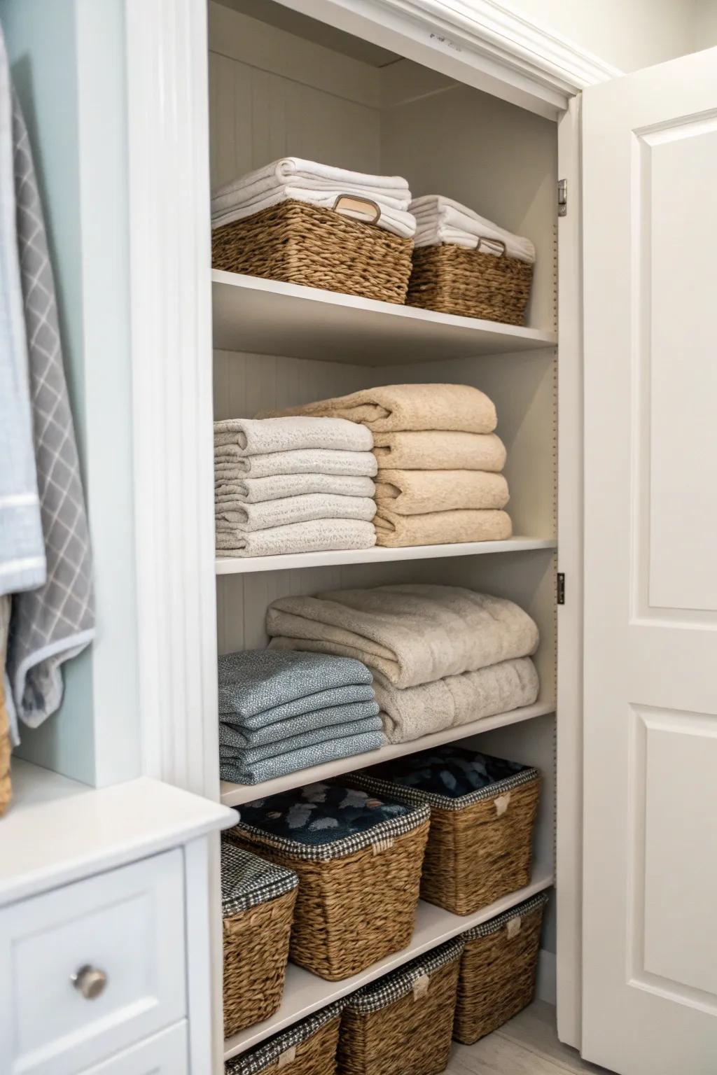 Corner shelves create additional storage space in a linen closet.