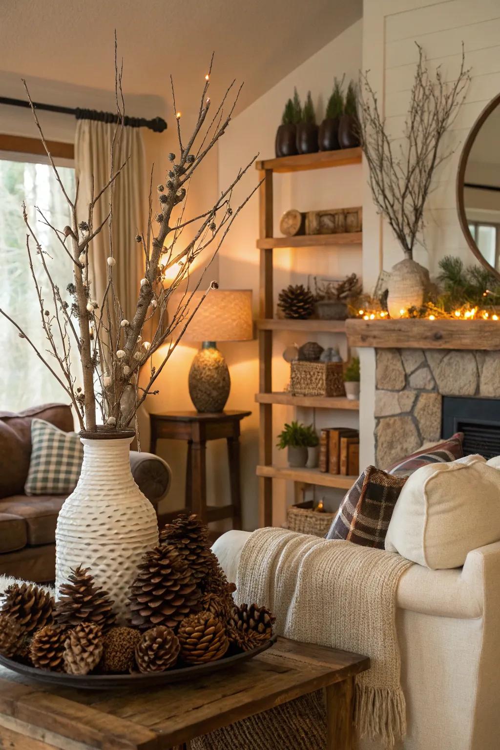 Natural components like fir cones and branches add an earthy element to your ornamentation.