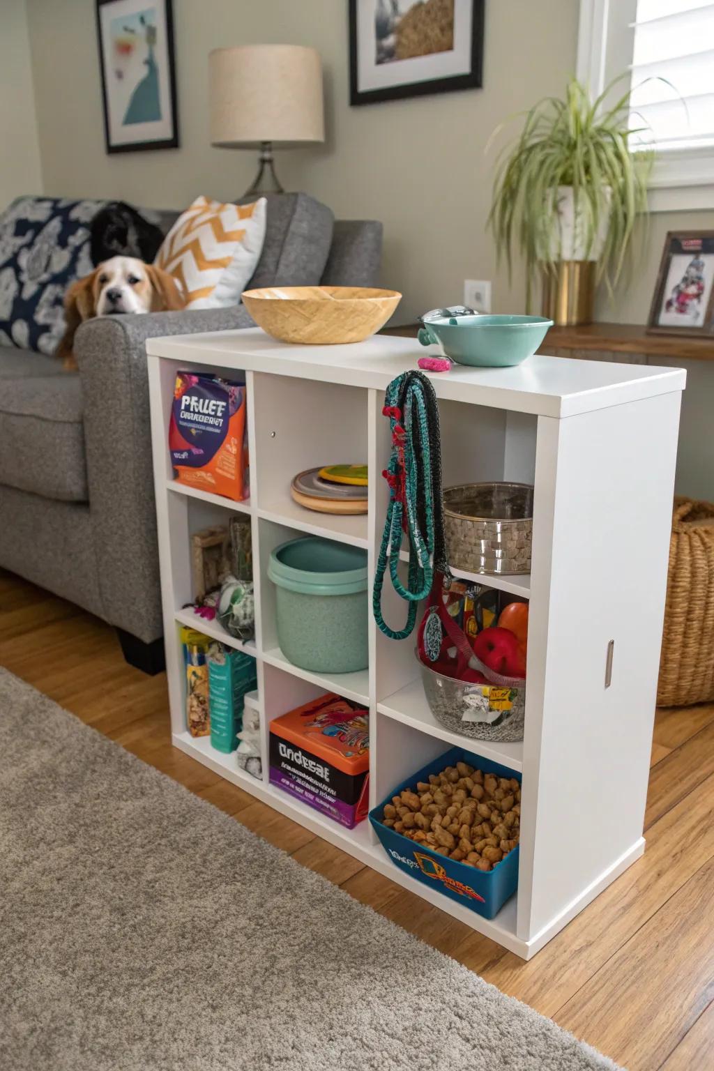 Creature comfort organization utilizing cube storage to keep a tidy home.