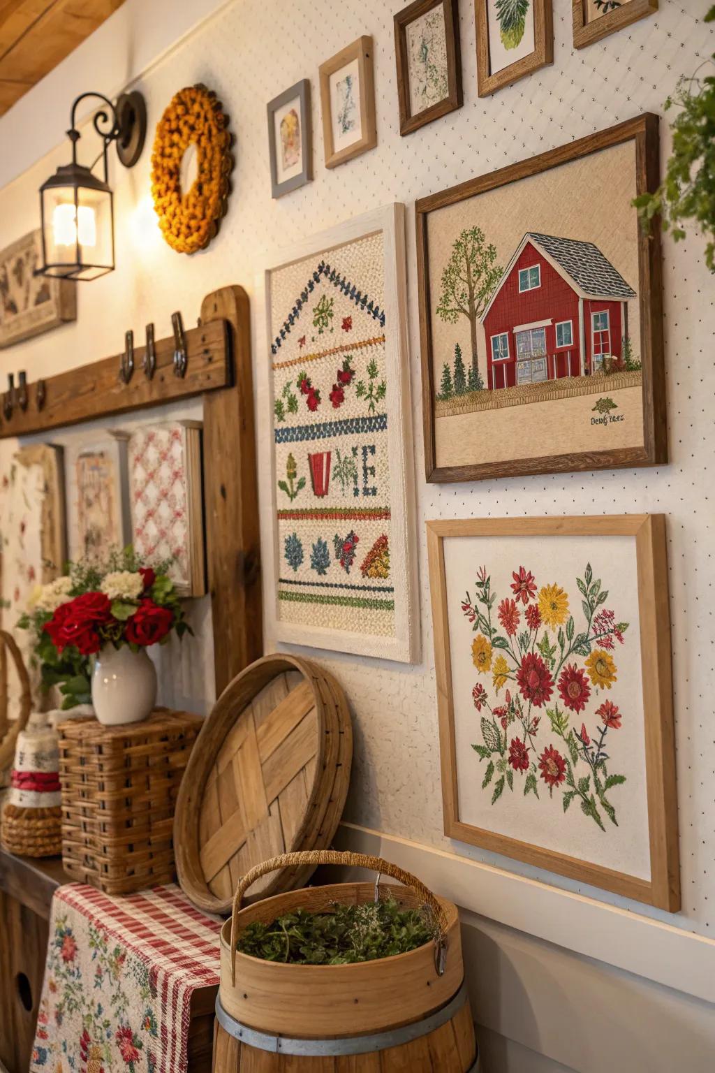 Needlepoint art adds quaint charm and coziness.