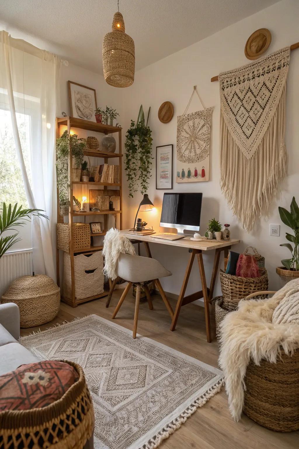 Boho chic aesthetics bring warmth and creativity to the workspace.