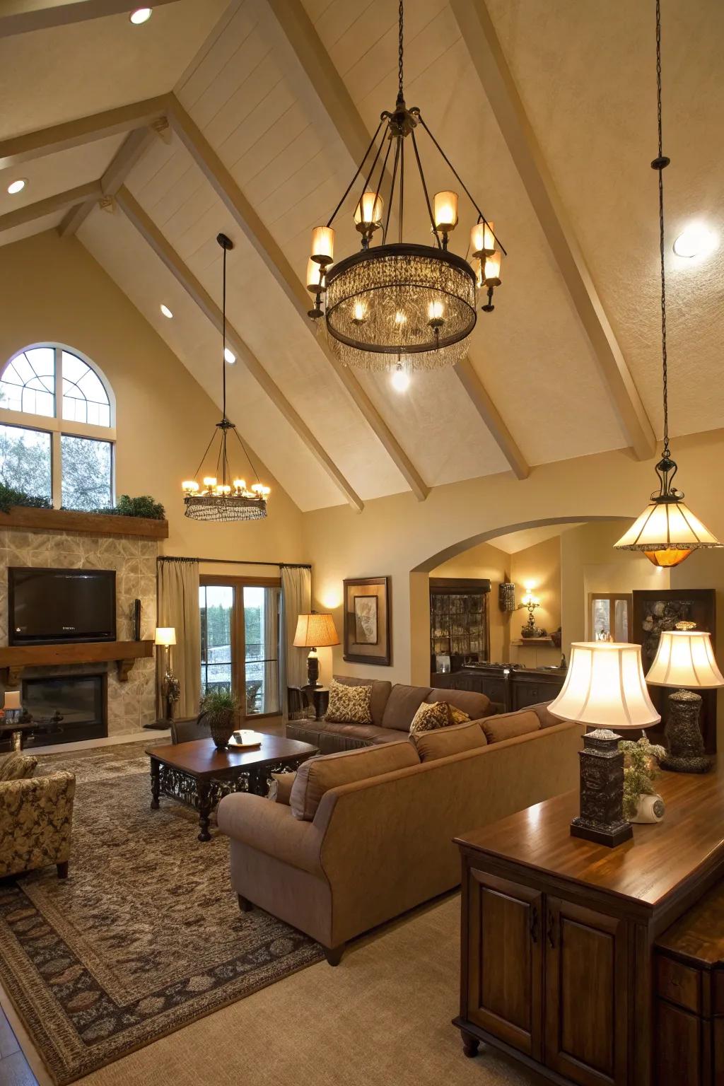 Integrated lighting enhances the ambiance of a vaulted room.