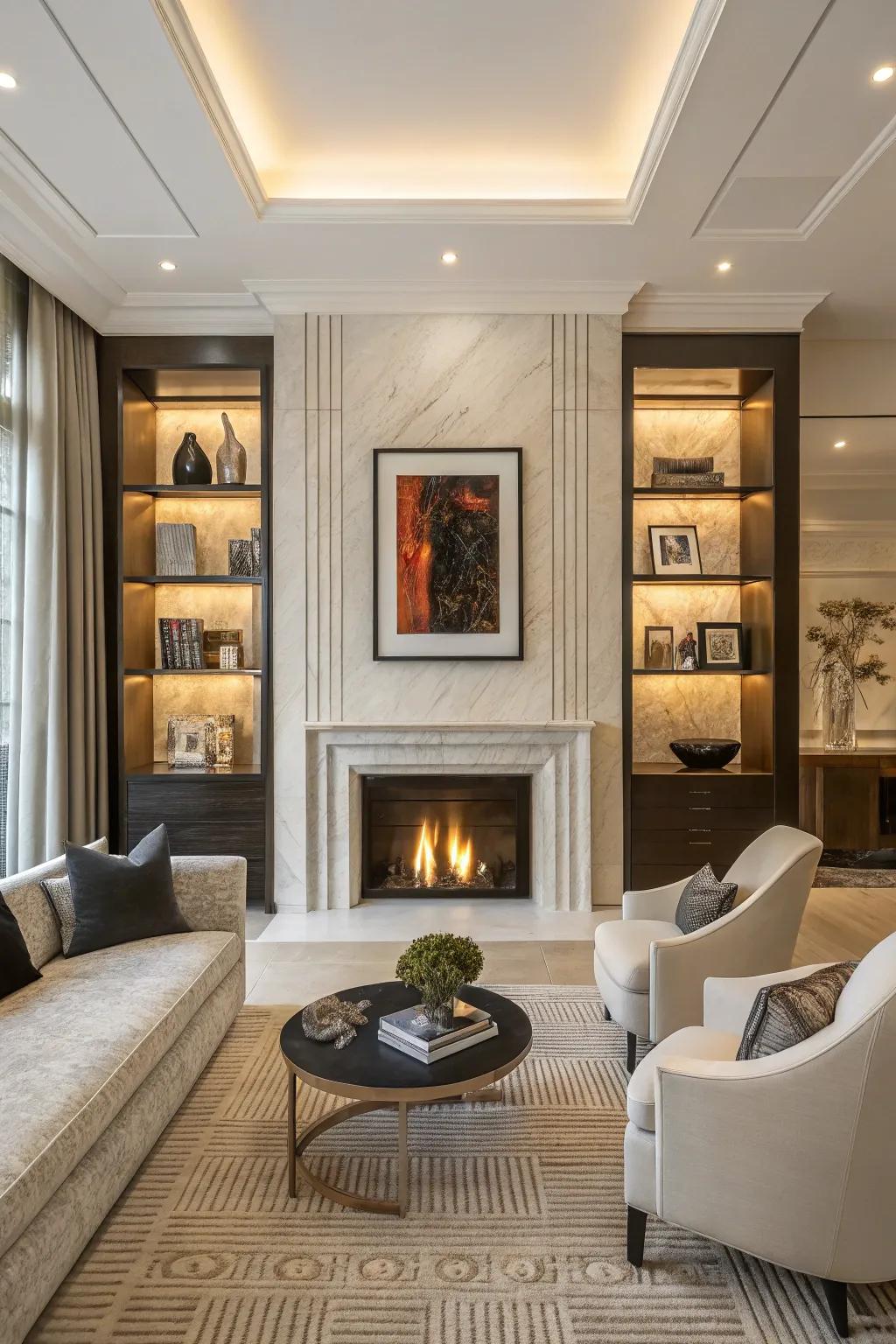 A modern elegant hearth serves as a point of cozy focus.