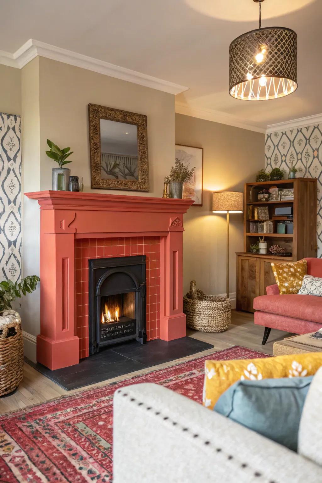 A living space where an intensely hued fireside commands focus, revolutionizing the room's atmosphere.