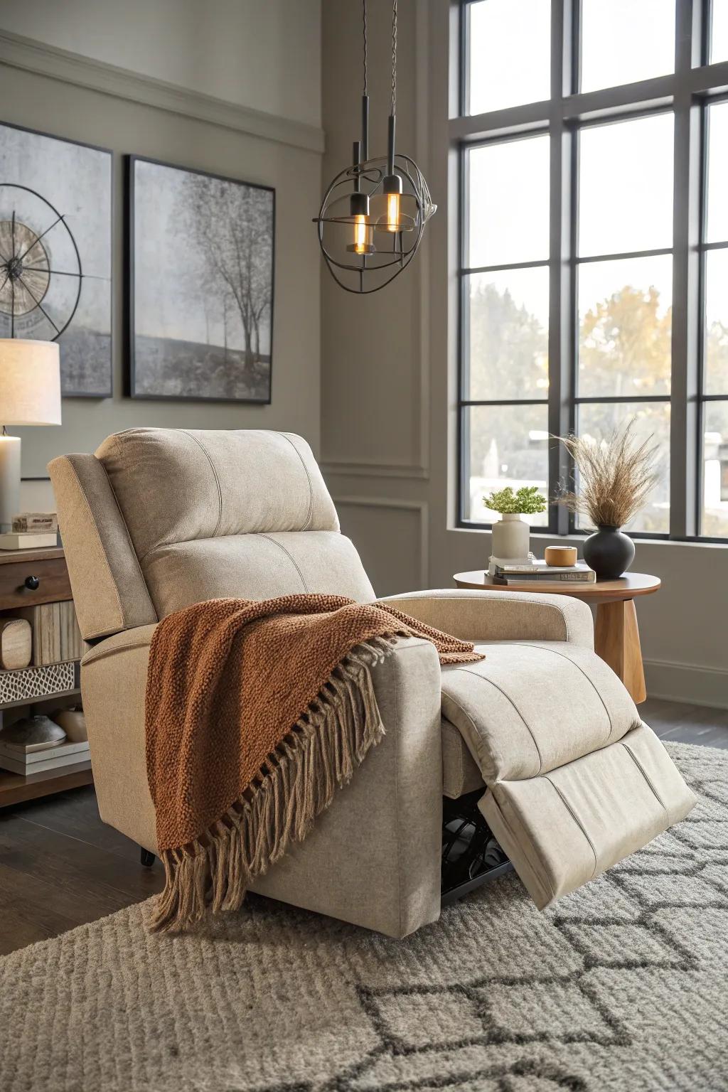 A warm and welcoming recliner setup highlighted by a soft throw.