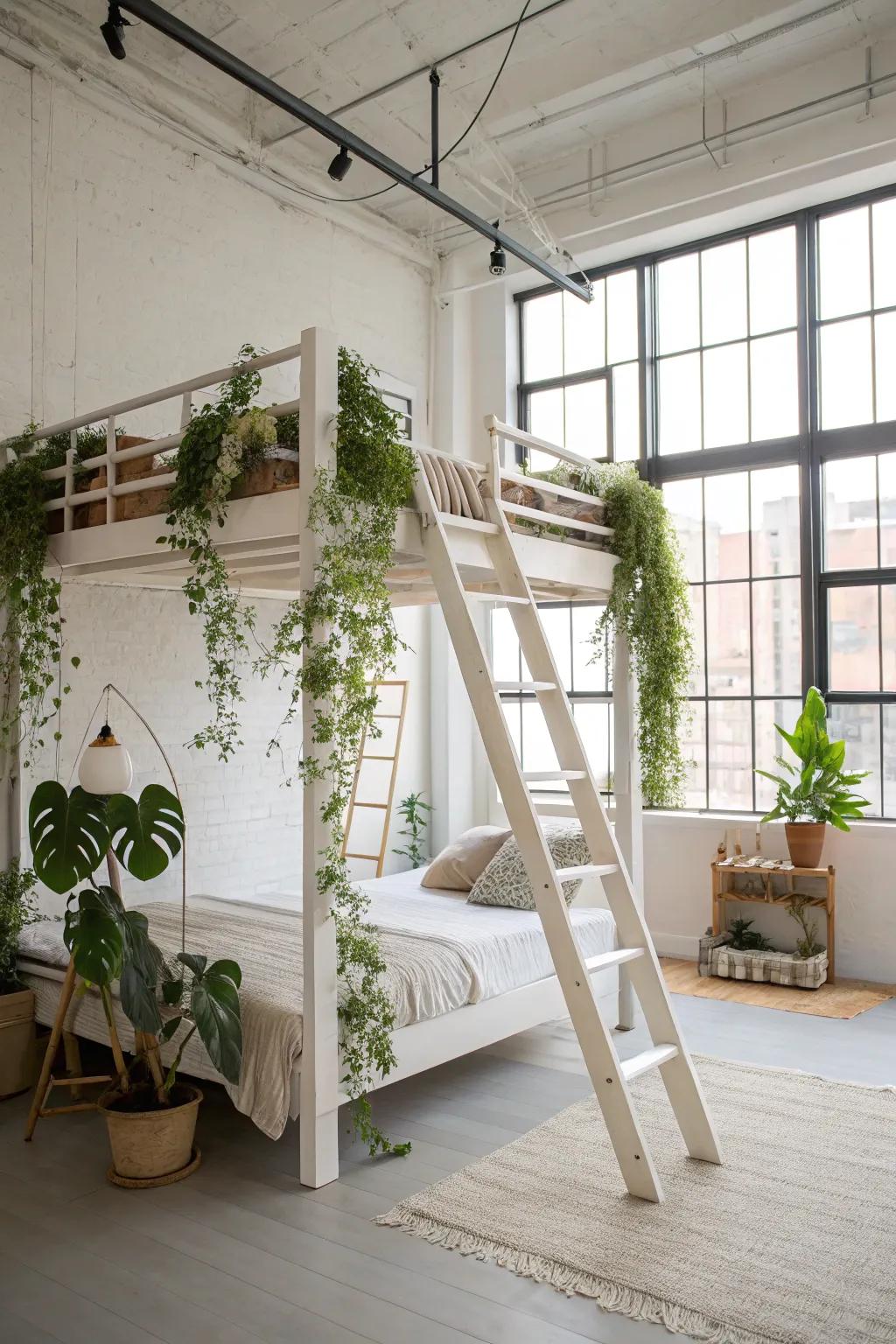 Hanging plants around loft beds invigorate the space with beauty.