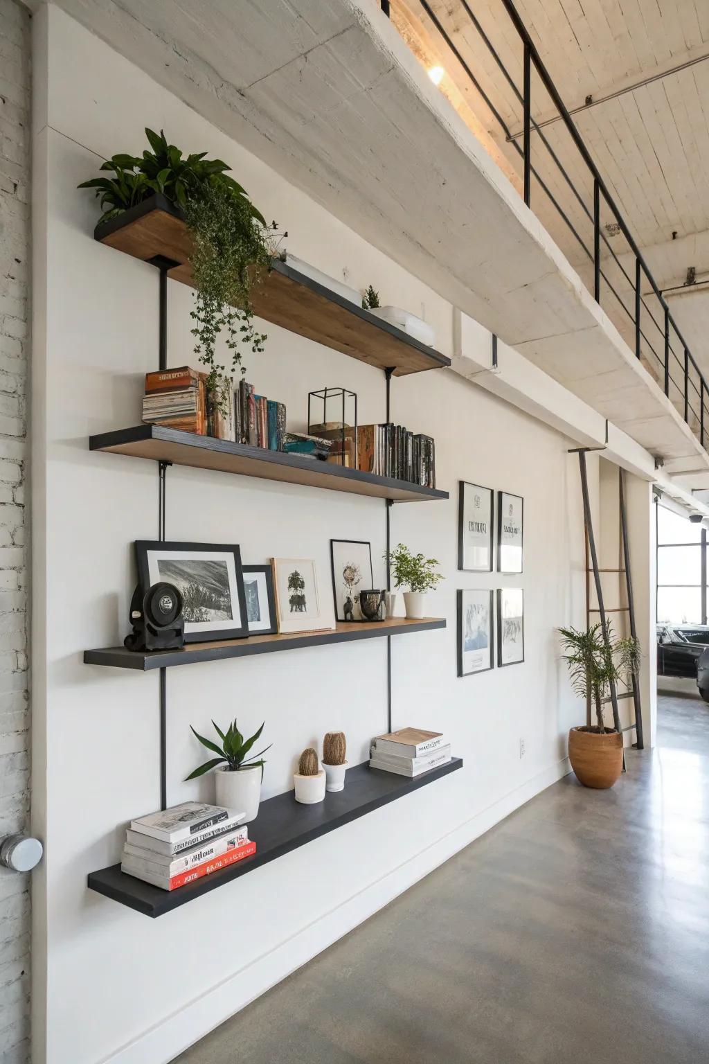 Minimalist wall-attached shelving inside a loft scene.
