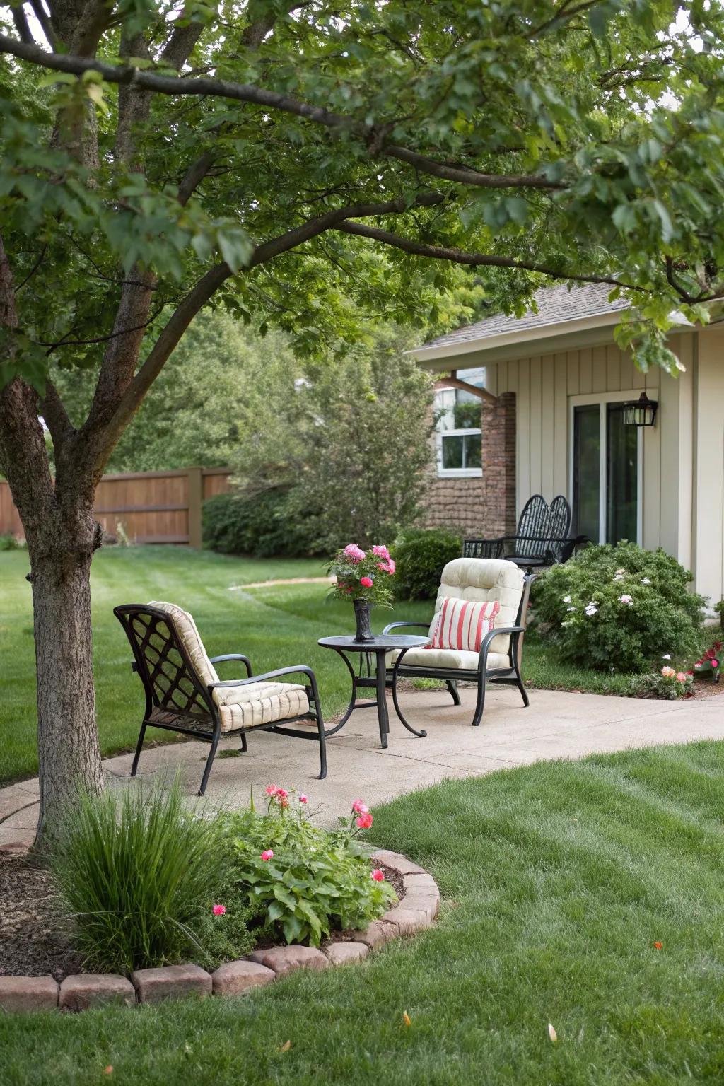 A relaxation area provides a peaceful retreat in the yard.