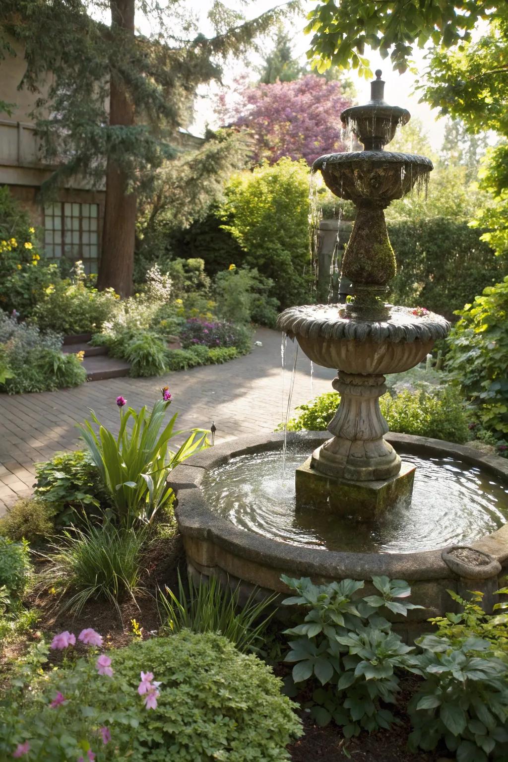 A water feature adds a relaxing element to a low-maintenance garden.