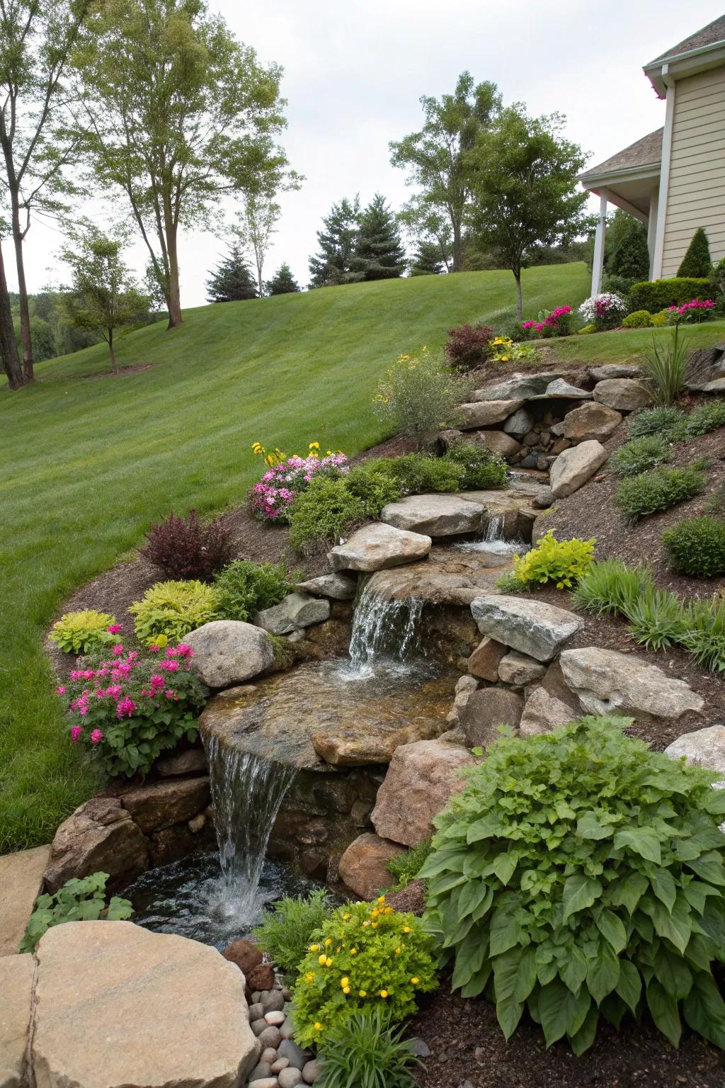 Water parts add peace and appeal to sloping landscapes.