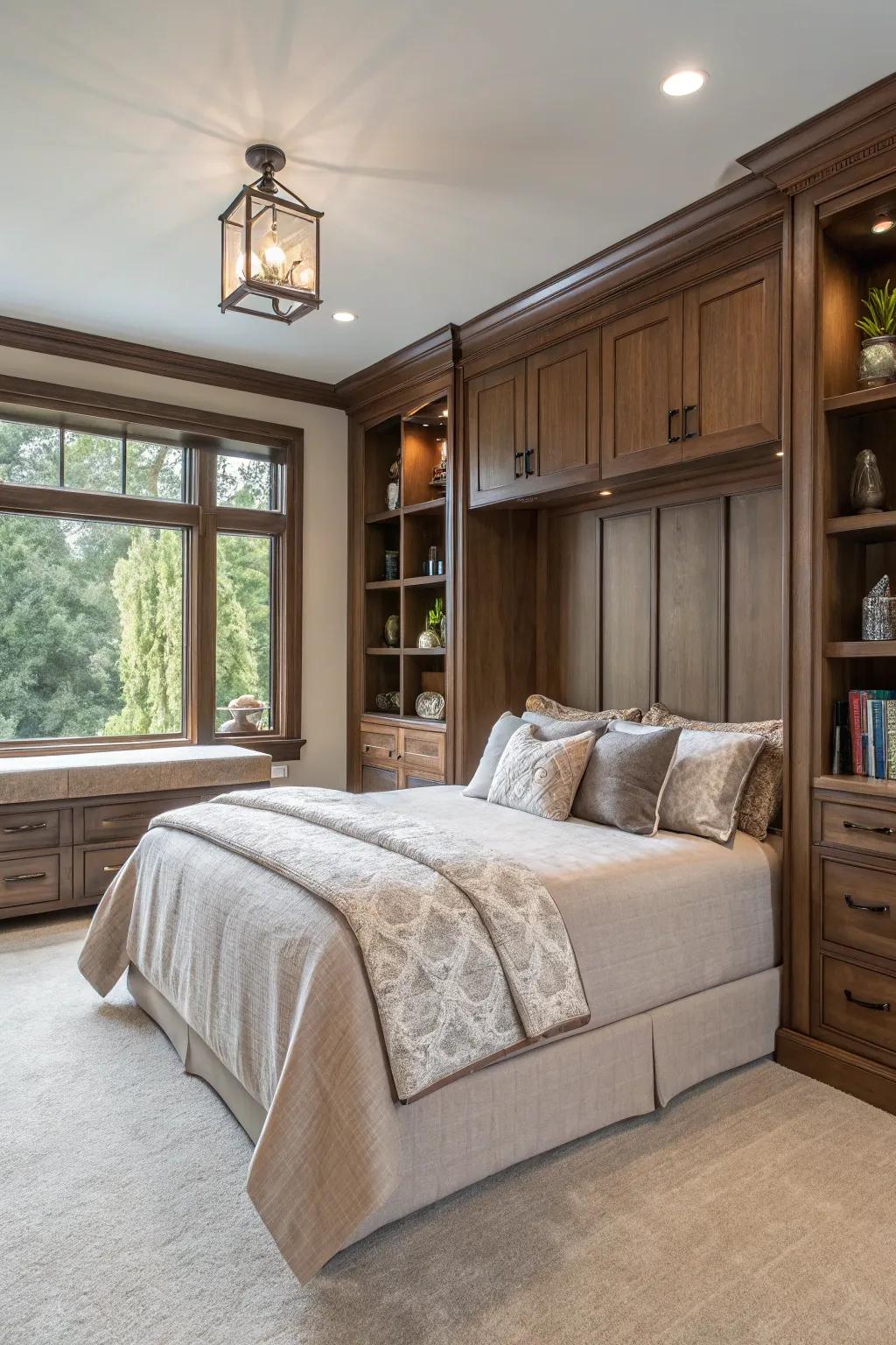A luxurious bedroom featuring custom integrated units for a seamless design.