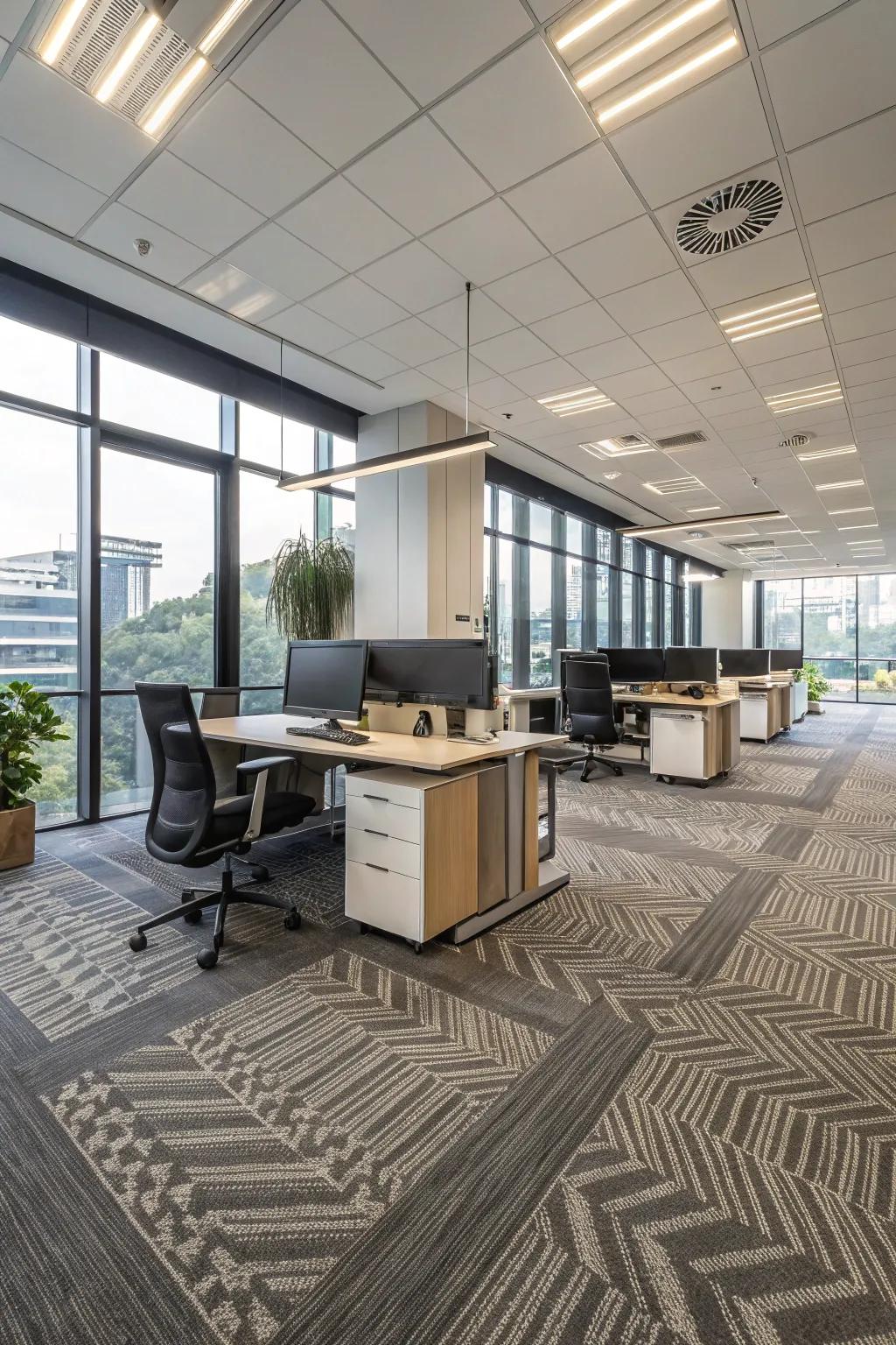 Upscale ground covering squares present custom patterns and flexible style.