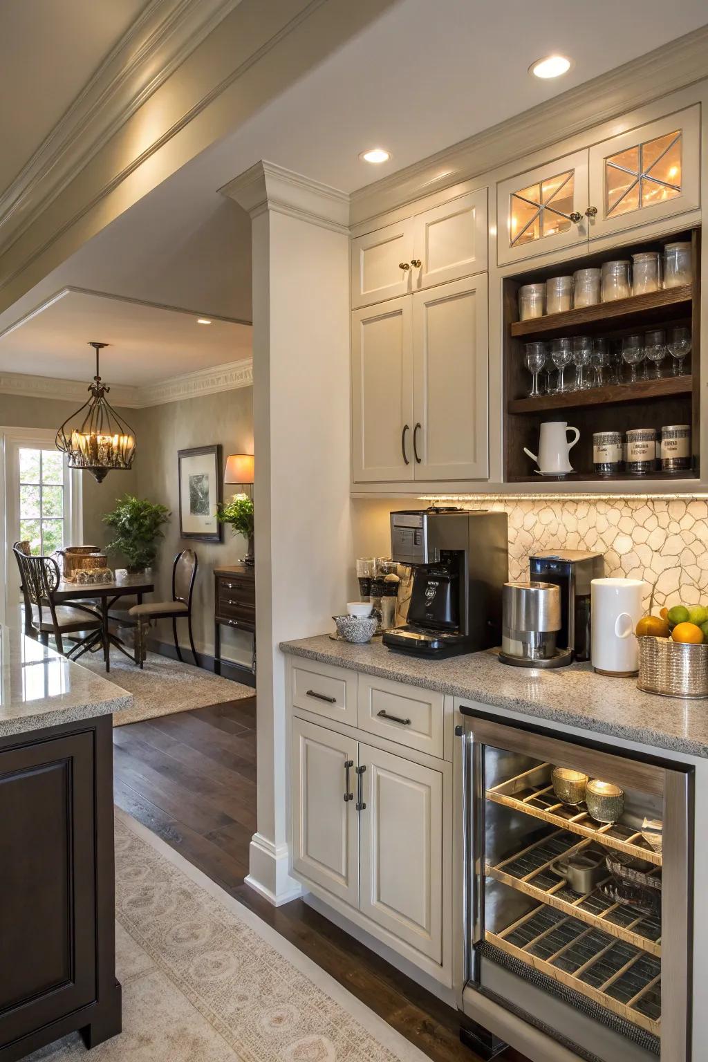 Integrated coffee nook catering to coffee devotees.