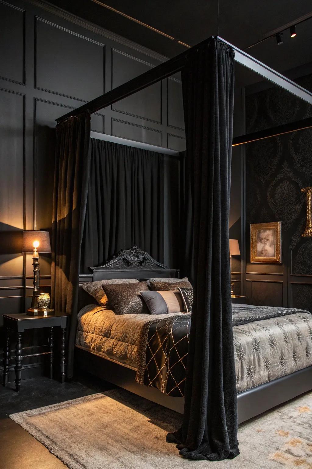A four-poster bed adds drama and beauty to this intimate onyx bedroom.